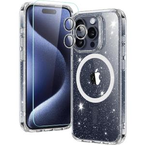 ESR for iPhone 15 Pro Max Case Set, 1 Tempered-Glass Screen Protector, 1 Set of Lens Protectors, Military-Grade Protection, Yellowing and Scratch Resistant MagSafe Case, Classic Series, Clear Shimmer