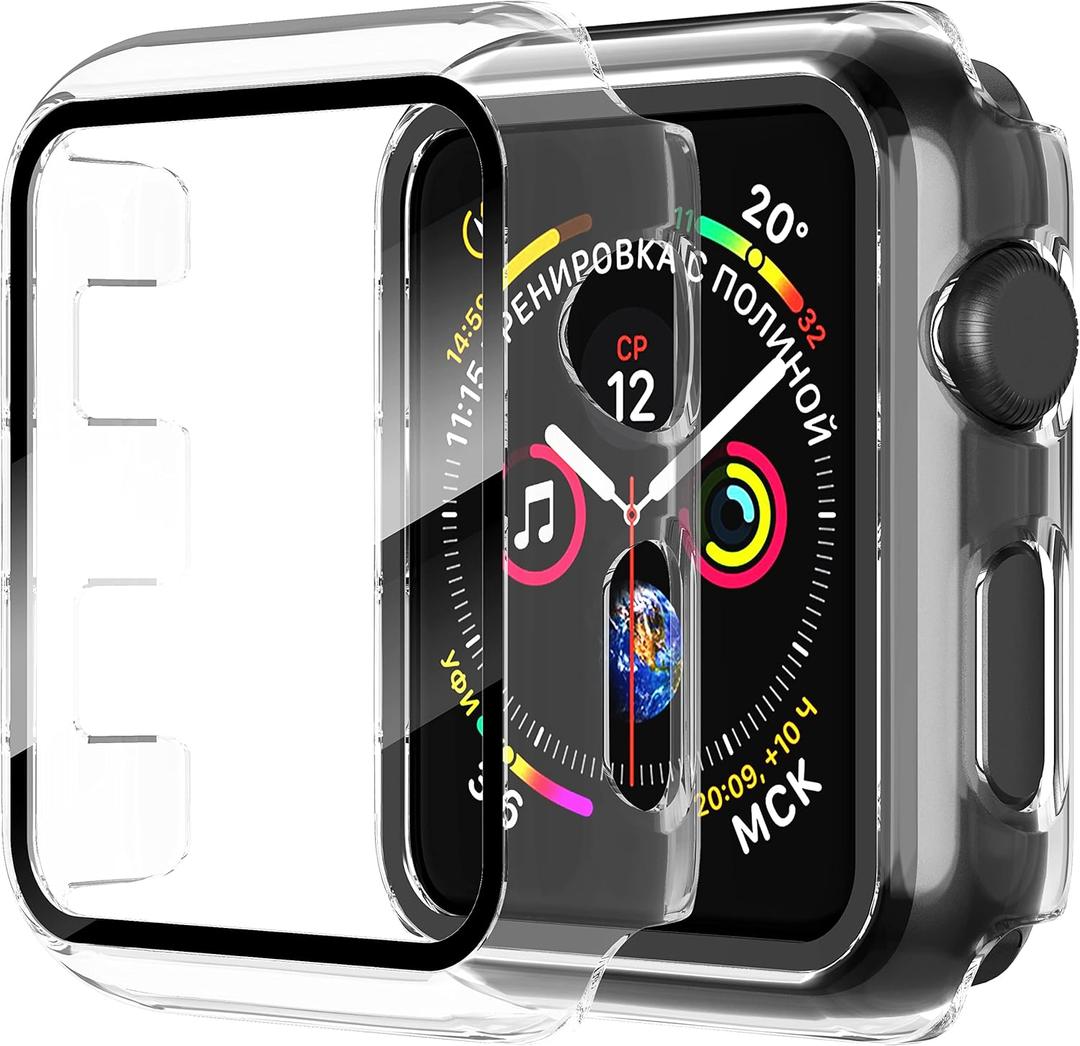 Diruite 2-Pack for Apple Watch Series 8/7/6/5/4/3/2/1 38mm Case, [Anti-Scratch] 9H Tempered Glass Screen Protector, All-Round Hard PC Matte Protective Cover Bumper- Clear (38 mm)