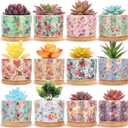 Threehoney 12 Pack 3.14 Inch Ceramic Succulent Plant Pots Mini Flower Cylinder Pots with Drainage Hole and Bamboo Trays for Small Plants Flowers Cactus Home Office Decor(Chinoiserie)