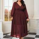 SCOMCHIC Womens Plus Size Formal Dresses Chiffon Wedding Guest Long Sleeve V Neck Smocked Flowy Slit Maxi Dress (Burgundy)