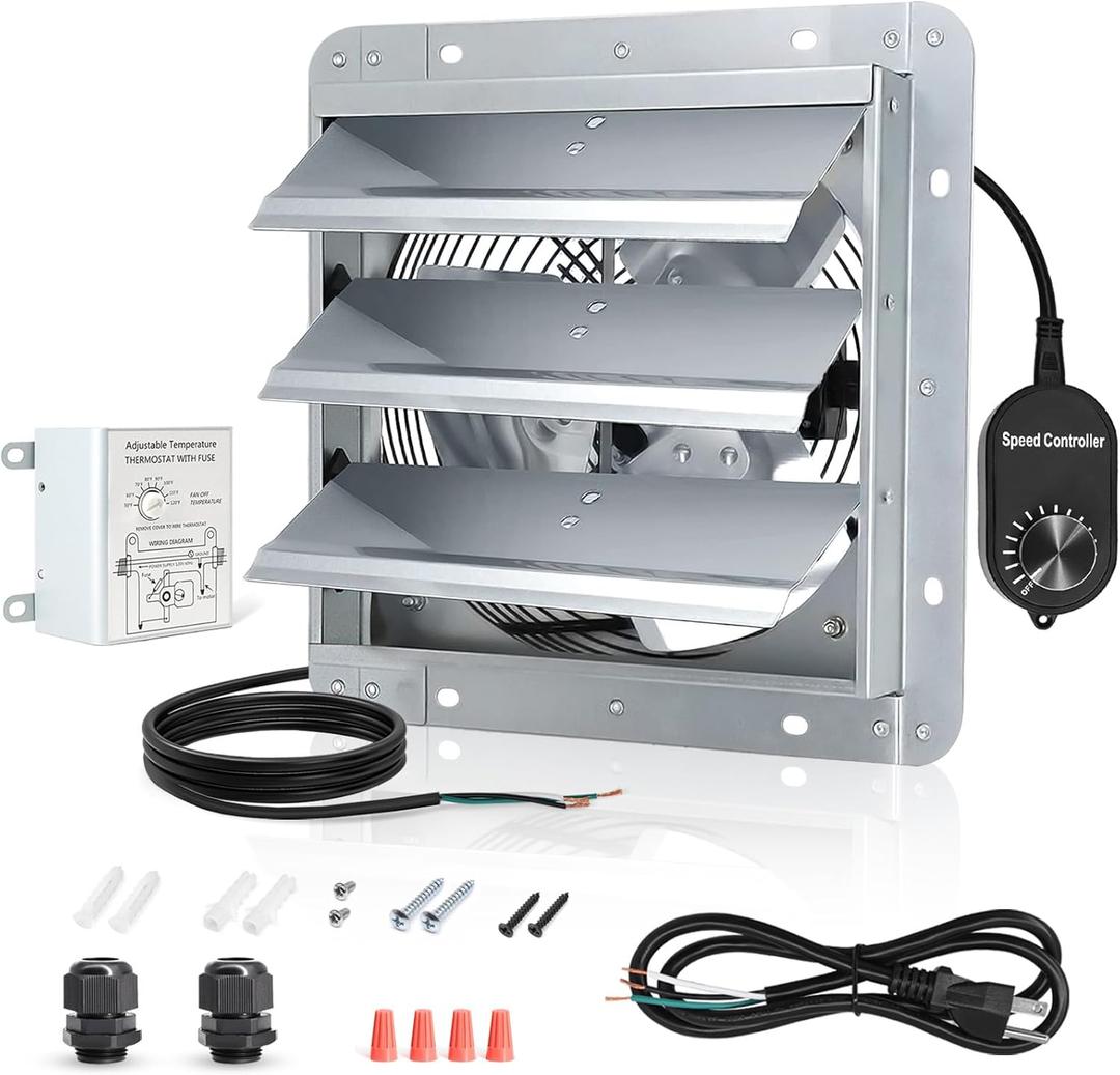 Shutter Exhaust Fan with Thermostat & Speed Control, 844 CFM,1606 RPM, Upgrade 10 inch Wall Mount Attic Vent Fan for Chicken Coops, Greenhouse, Gable, Barn, Garage, Shed Ventilator