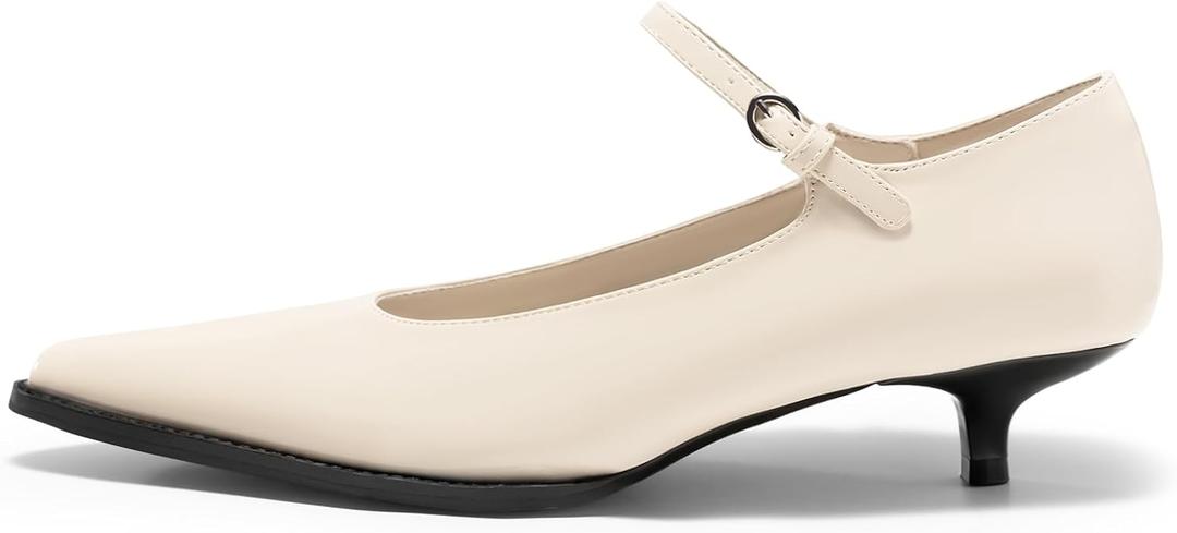 Coutgo Womens Kitten Low Heels Dress Shoes Mary Jane Ankle Buckle Strap Pumps Party Wedding Elegant Shoes (Beige)