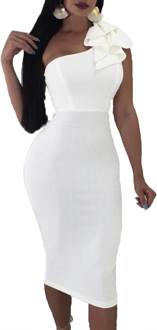Mokoru Women's Sexy Ruffle One Shoulder Bodycon Elegant Cocktail Party Midi Dresses (Small, White Lined)