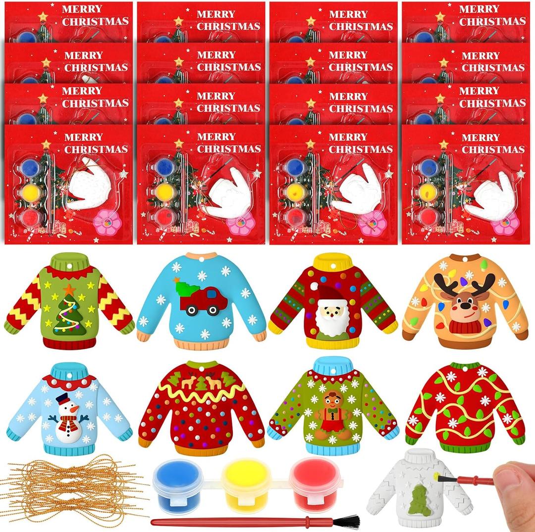 Syhood 36 Set Ceramic Painting Kit Paint Your Own Plaster Holiday Crafts Ornaments with Greeting Cards Xmas Gifts Exchange for Christmas Party Decor (Ugly Sweater)
