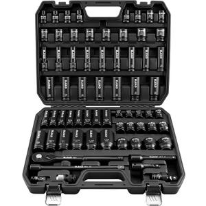 ELEAD 67 Piece 1/2" Drive Deep Impact Socket Set: Standard SAE (3/8"-1-1/4") & Metric (8-24 mm), Including 3 ", 5", 10" Extension Bar, Universal Joint, Ratchet Handle and Adapter