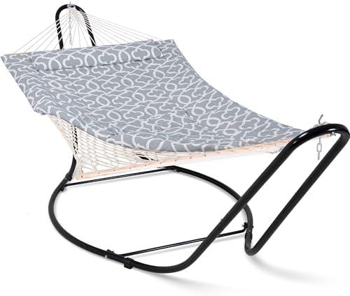 SUNCREAT Hammocks Outdoor Rope Hammock with Stand Included, 475 lbs Capacity, Heavy Duty Double Hammock with Stand, Patent Pending, Gray Pattern