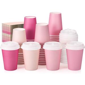 48 Pcs 12 oz Disposable Coffee Cups with Lids and Sleeves Bulk, Insulated Hot Chocolate Paper Cup for Hot and Cold Beverage Water Juice Cocoa Tea Party Restaurants Travel Supplies (Gradient Pink)