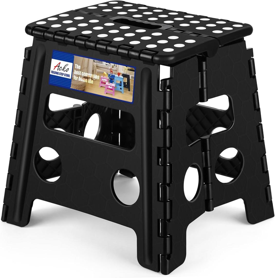 ACKO Folding Step Stool 13 Inch, Sturdy Collapsible Step Stool Foldable Up to 300 lbs for Adults, Non Slip Lightweight Foot Stools with Handle, Ideal for Kitchen, Bathroom, Bedroom, Garden (Black)