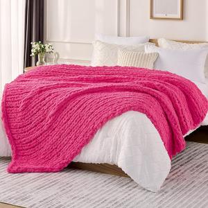L'AGRATY Chunky Knit Blanket Throw: 50''x60'' Chenille Chunky Knitted Throw Blanket for Bed Couch - Handmade Thick Big Cable Knit Blankets - Large Crochet Rope Blanket for Home Decor(Hot Pink)