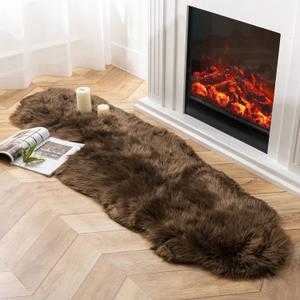 Ashler Faux Fur Rug, Fluffy Shaggy Area Rug Ultra Soft 2 x 6 Feet Sheepskin Fur Rug, Dark Coffee Fuzzy Rug Machine Washable Shag Rug, Nursery Decor Throw Rugs for Bedroom, Kids Room, Living Room