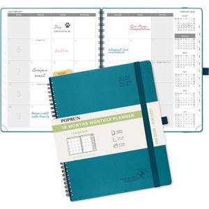 POPRUN Monthly Planner 2026-2027 (Large 8.5" x 10.5") 18 Months Calendar Book(Jan 2026 - Jun 2027) - 4 Pages per Month with Expense & Notes, Stair-like tabs, Leather Cover, Sunday Star-Pacific Green