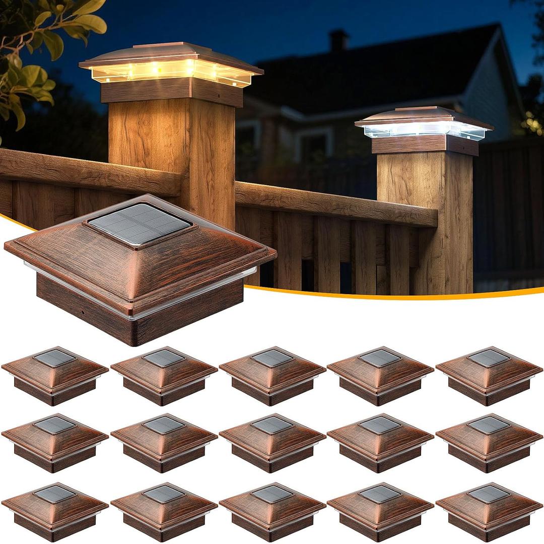 APONUO 16 Pack Fence Post Solar Lights, 2 Modes(Warm/Cool Light) Outdoor Waterproof 4x4 Post Solar Lights, Solar Powered Garden, Patio, Deck Decor for 4x4 Wood & Vinyl Posts, Copper