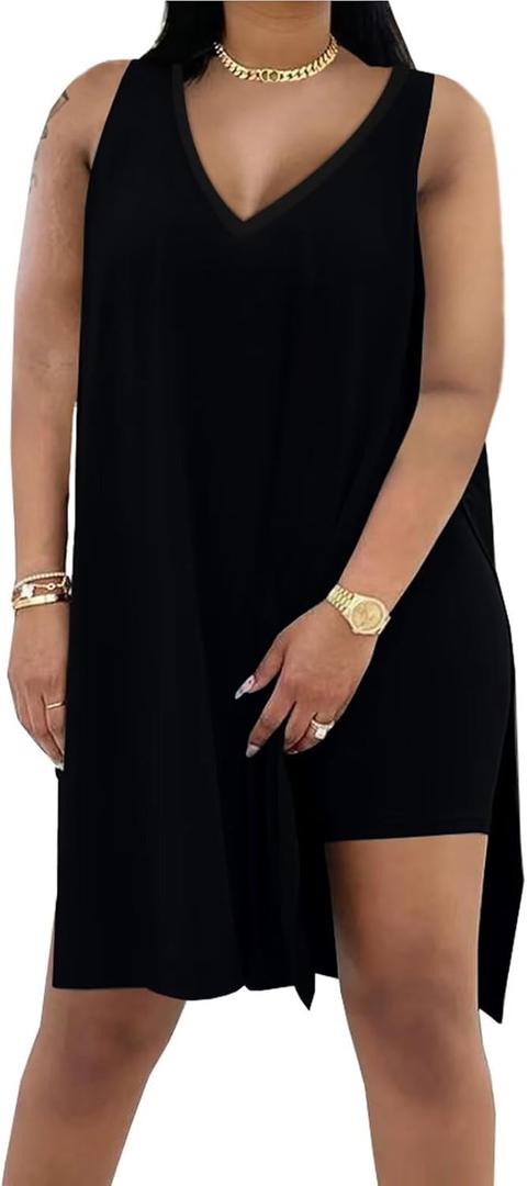 Difanlv Plus Size 2 Piece Outfits for Women Sleeveless Tunic Tops and Bodycon Biker Shorts Sets Tracksuits (X-Large, Black)