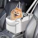 Portable Dog Car Seat for Small Dogs - Pet Booster Seat with Safety Leash, Adjustable Straps, Washable Cushion & Storage Pocket - Center Console Puppy Car Seat for Travel - Beige