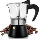 Induction Moka Pot, 4 Cups (7.1 oz) Crystal Glass-Top & Stainless Steel Moka Pot, Classic Stovetop Espresso Maker, Black