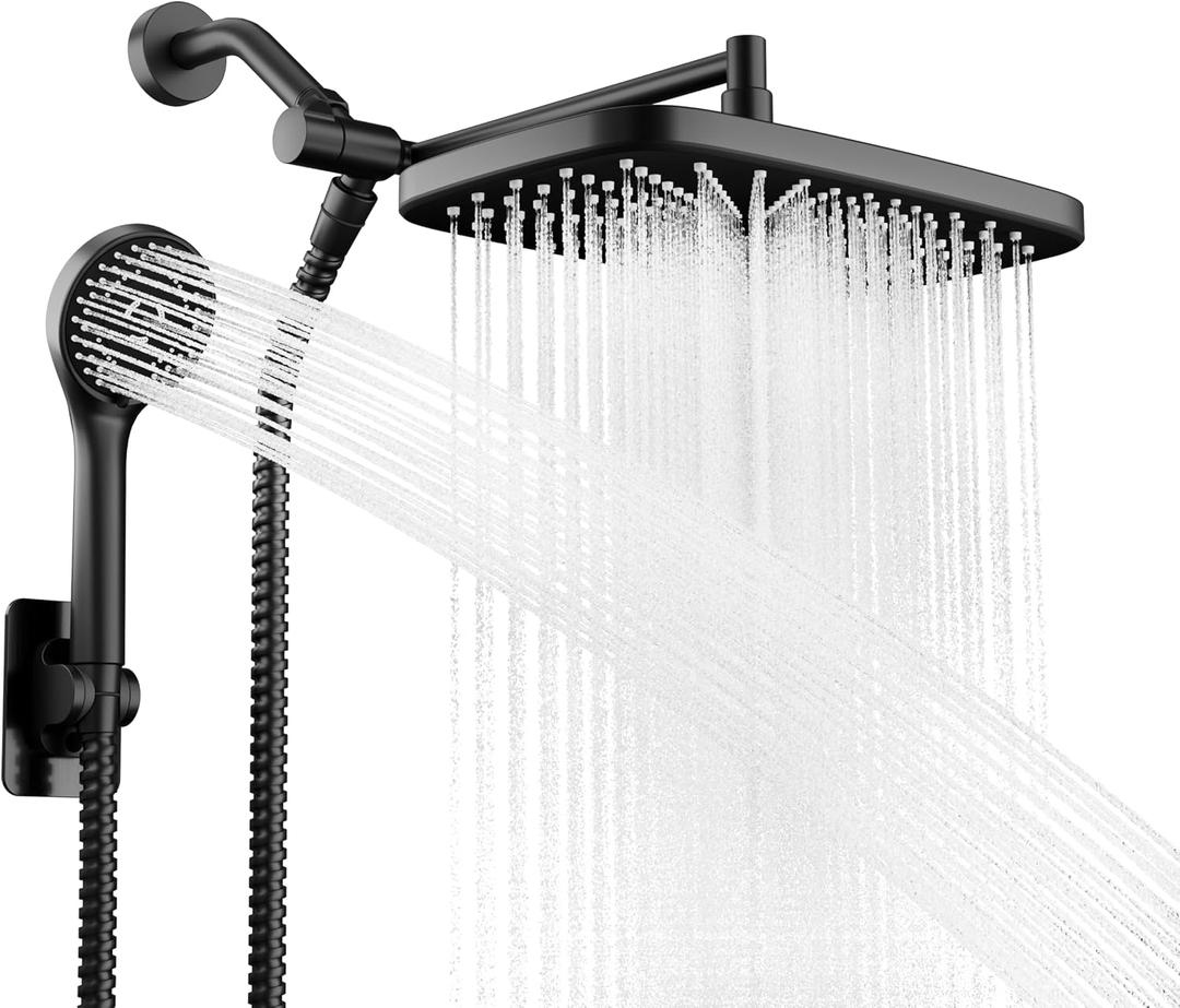 Wide Rain Shower Head With 5 Modes Handheld Showerheads, High Pressure Showerhead Combo with Extension Arm for Bathroom Accessories, Adjustable Shower Head with Anti-Clog Nozzles (Black)