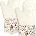 Slohif Long Silicone Oven Mitts Heat Resistant for Women - 2 Pcs Red Flower 100% Cotton Oven Gloves, Non-Slip and Waterproof Silicone Oven Mitts with Hanger for Baking and Cooking