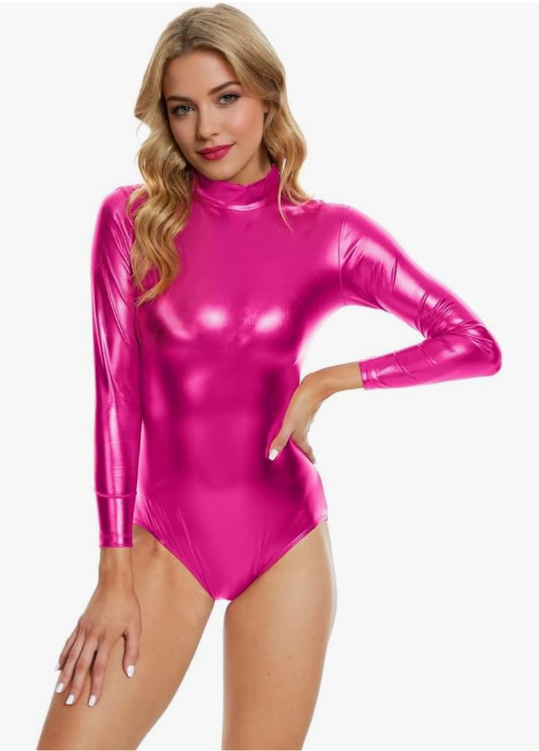 Long Sleeve Metallic Bodysuit Women Shiny Dance Leotard Turtleneck Latex Bodysuit, S