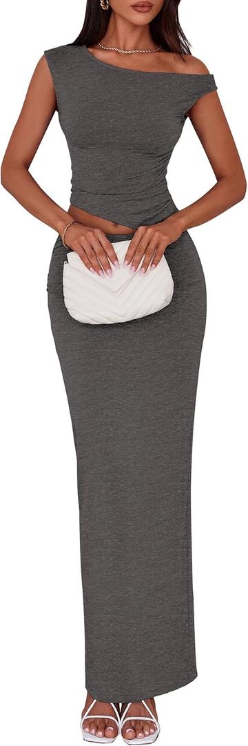 PRETTYGARDEN Skirt Sets Women 2 Piece Outfits Summer 2025 One Shoulder Sexy Ruched Bodycon Maxi Long Skirts (Gray, XXL)