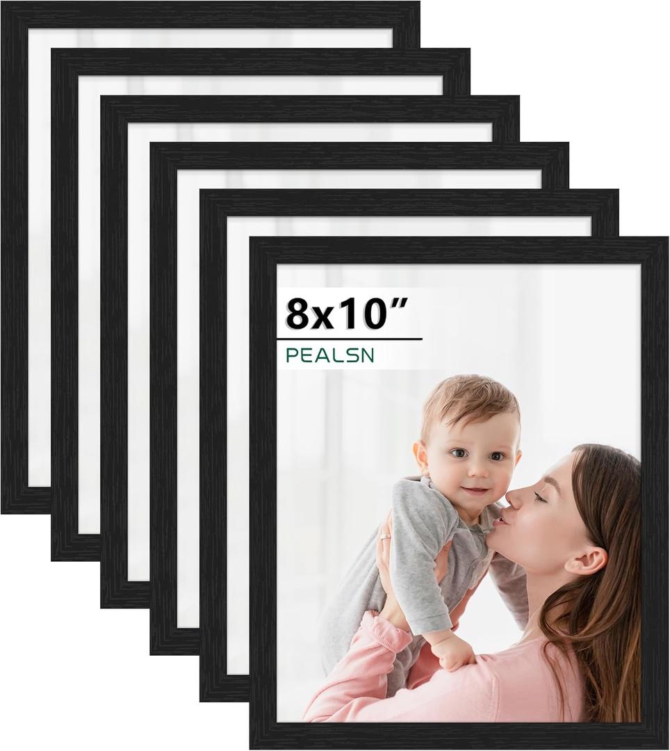 PEALSN 8x10 Picture Frame Set of 6, Black Picture Frames with HD Plexiglass, Wall Gallery Photo Frames for Wall Mounting or Tabletop Display, Black Woodgrain