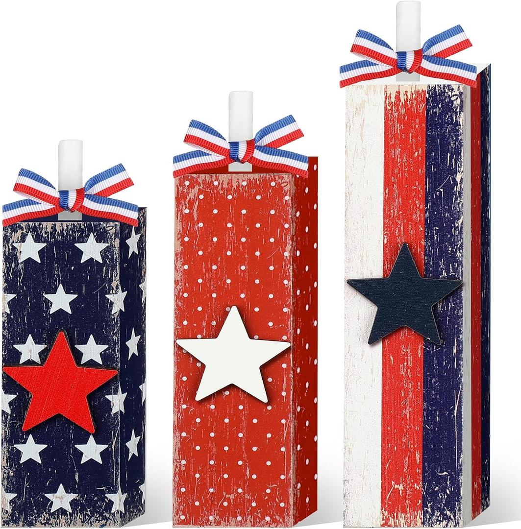 3 Pcs Patriotic Decorations 4th of July Table Decor Red White Blue Decorations Memorial Day Wood Block Sign and Centerpiece for Home Office Independence Day Tiered Tray Decor(Vintage Style)