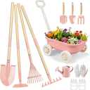 Grenebo Kids Gardening Set with Wheelbarrow, 11-Piece Outdoor Yard, Beach, STEM Garden Play Kit with Child-Sized Tools, Durable, Safe & Fun Gift Toy for Ages 2+ Kids Toddlers Boys Girls (Pink)