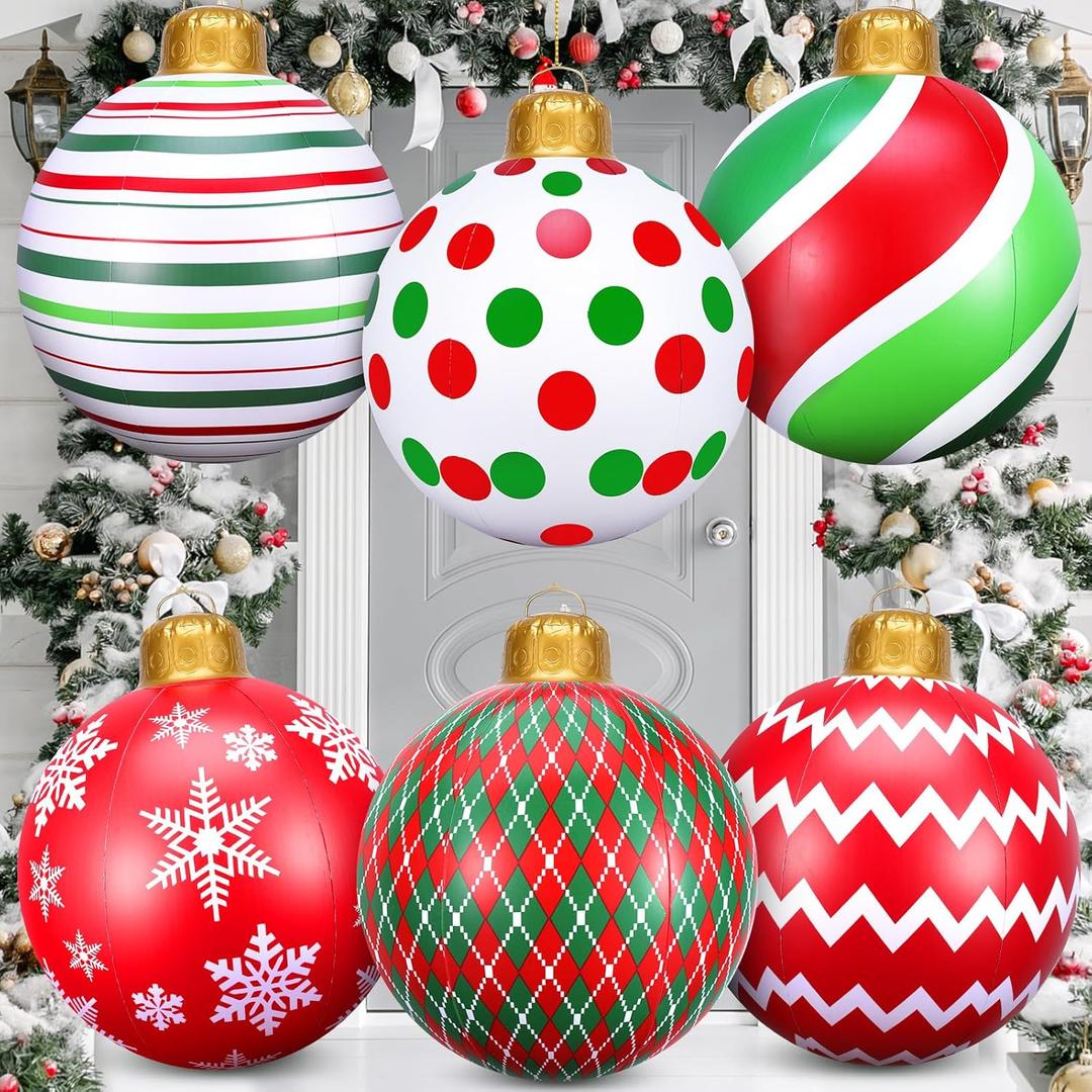 6 Pcs 24 Inch Inflatable Christmas Balls Large PVC Christmas Hanging Ornaments Oversized Christmas Tree Balls Blow up Christmas Balls Decorations for Yard Lawn Porch Party Decor