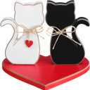 3 Pcs Valentines Day Wooden Cats Decor Black and White Cat Valentines Table Sign Wooden Tabletop Ornaments Red Heart Base Centerpieces for Wedding Home Decor Gifts