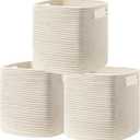 UBBCARE Set of 3 Cotton Rope Basket 13 X 13 X 13 Inches, Woven Storage Baskets for Shelves, Organizing with Handles, Cube Storage Bins for Storage Books, Magazines, Beige