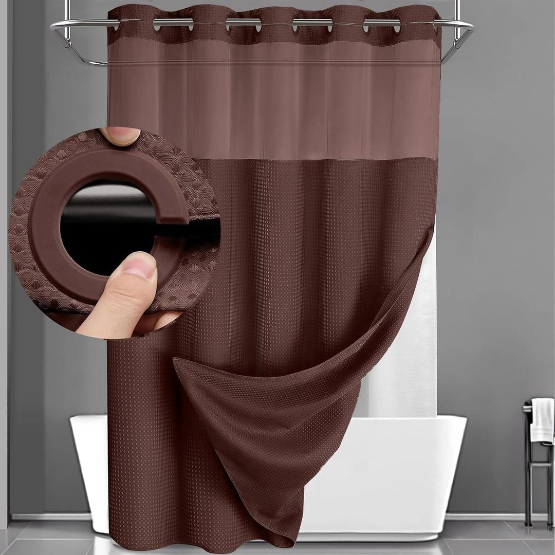 YellyHommy No Hook Shower Curtain with Snap in Liner Set Less Time Brown Waffle Shower Curtain for Bathroom 75" L x 72" W