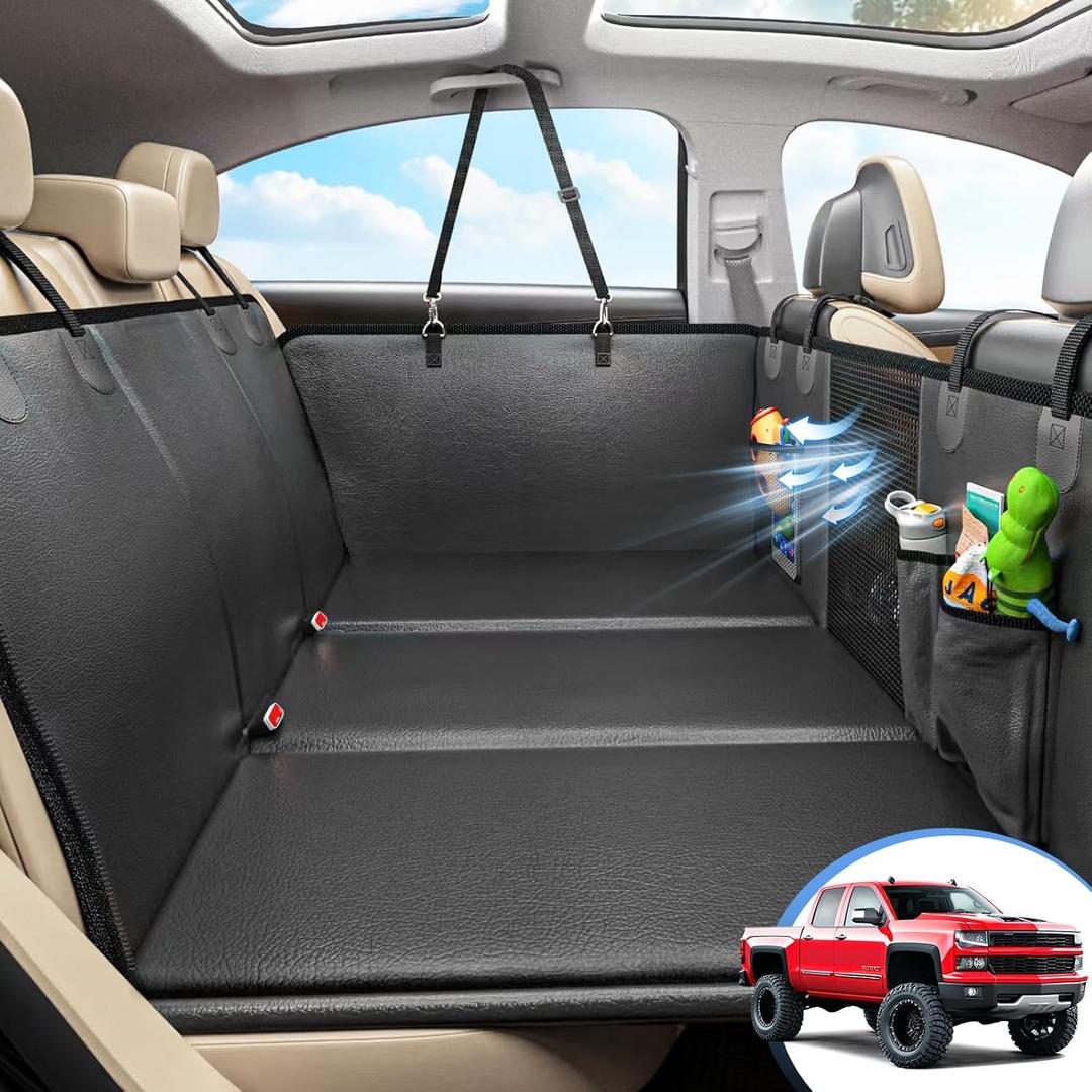 Back Seat Extender for Dogs, Hard Bottom Dog Car Seat Cover for Truck Back Seat, Dog Hammock for Car, Upgraded PU Leather Material, Larger Space, Black (XL)