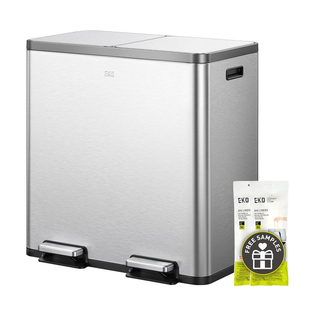 EKO EcoCasa Plus 2 x 10.6 Gal Dual Recycling Trash Can for Kitchen, Large Stainless Steel Step-On Garbage Can with Soft-Close Lids, Odor-Proof and Fingerprint-Resistant, Removable Buckets with Handles (40L+40L)