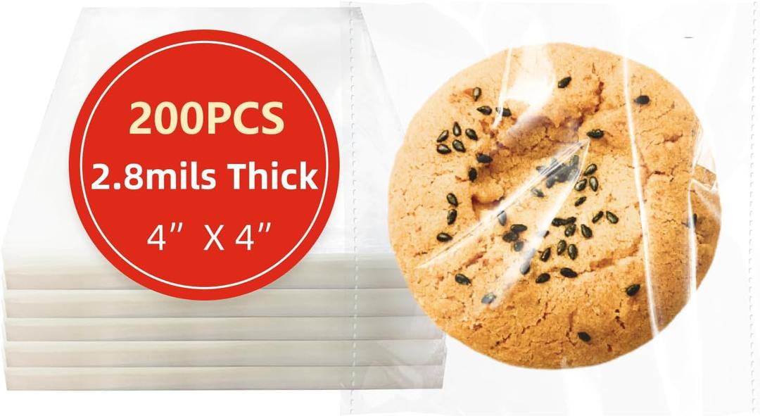 4x4 Inches 200 PCS Cookie Bags for Gift Giving,Self Sealing Cellophane Clear Resealable Cellophane Bags Self Adhesive Individual Cookie for Packaging 200Pieces 4"x4" (4"x4"(Pack of 200))