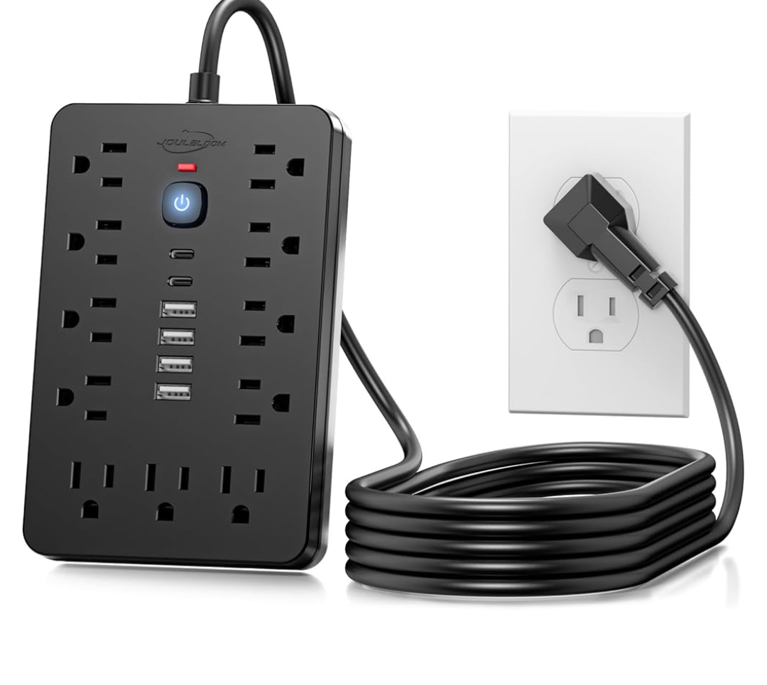 JouleLoom 10 FT Flat Plug Surge Protector Power Strip,11 Multiple AC Outlets with 6 USB Ports (2 USB C), 10 Feet Extension Cord, 1250W/10A, One Touch Switch Button, 17 in 1 Compact powerstrip