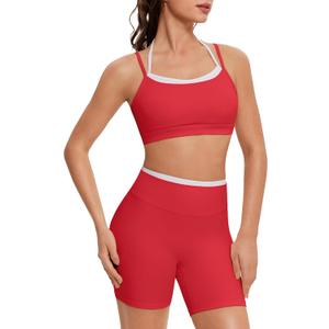 OMKAGI Workout Sets for Women Cute Doubel Layer Open Back Sports Bras Gym Shorts Outfits (Large, Red)