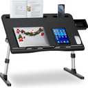 Laptop Bed Desk, X-Large Leather Adjustable Computer Bed Table Tray, Foldable Laptop Lap Desk for Bed Sofa Couch Floor Writing Eating Working with Drawer 2 Movable Stoppers (23.6 inch, Black)