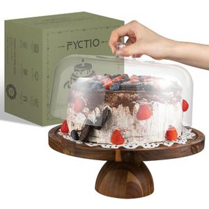 Acacia Wood Cake Stand with Lid,12in Round Acrylic Cake Stand with Dome,2-In-1 Reversible Charcuterie Board with Lid,Large Wooden Baked Goods Display Holder,Perpare For Dessert,Cheese,Chips,Cookie