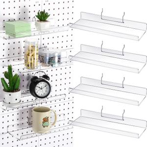 Lounsweer 4 Set Pegboard Shelf Acrylic with Metal Hooks Organizer Accessories Storage for Pegboard Display Wall Craft Room Home Garage Nursery Kitchen(Clear,12 x 4 Inch)
