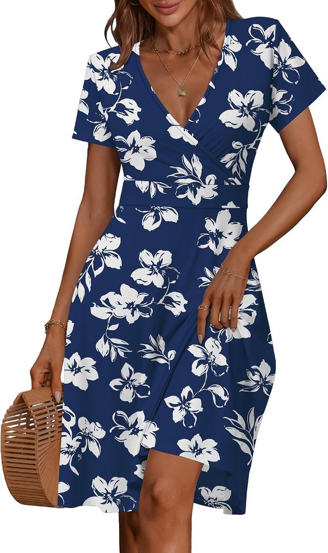 MSBASIC Womens Summer Wrap V Neck Casual Dresses Floral Short Sleeve A-Line Midi Sundress (Blue, M)