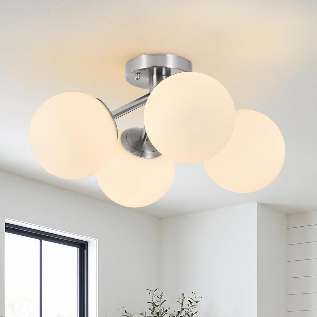 4-Light Mid Century Modern Ceiling Light, 19.69" Brushed Nickel Semi Flush Mount Ceiling Light,Sputnik Ceiling Light Fixture with Milk Glass Globe for Bedroom,Living Room,Kitchen,Hallway