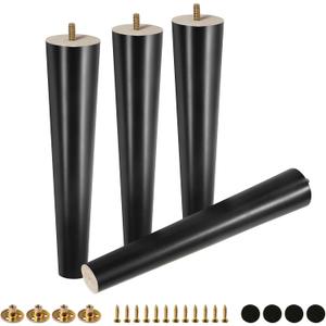 FoDau770 Black Rubber Wood Furniture Legs 14 Inches, Straight Tapered Wood Feet Mid Century Sofa Legs Set of 4, 5/16" UNC Furniture Feet for Cabinet Couch Dresser Chair Ottoman Table