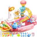 CUTE STONE Play Kitchen Sink with Running Water, Toddler Play Sink for Kids, Toy Sink with Electric Faucet, Fishing Game, Pretend Dishwasher, Water Table Toys & Kitchen Accessories for Girls (Light Pink)