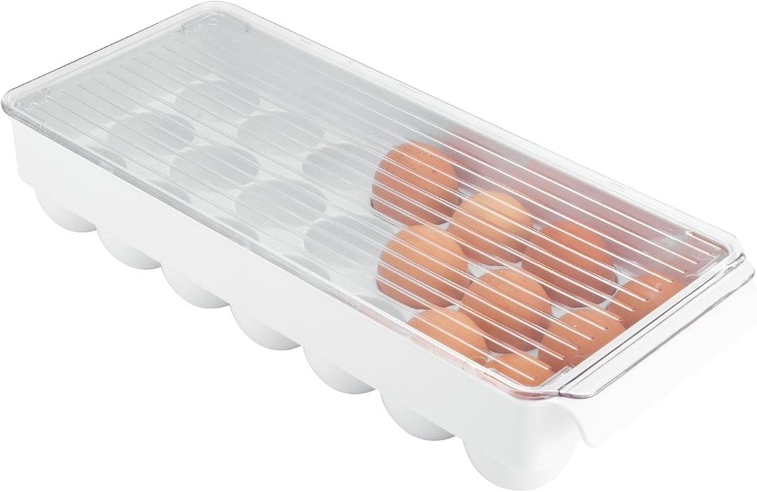 iDesign Plastic Egg Holder for Fridge with Lid - 21 Egg Storage Container Organizer Bin, Clear/White