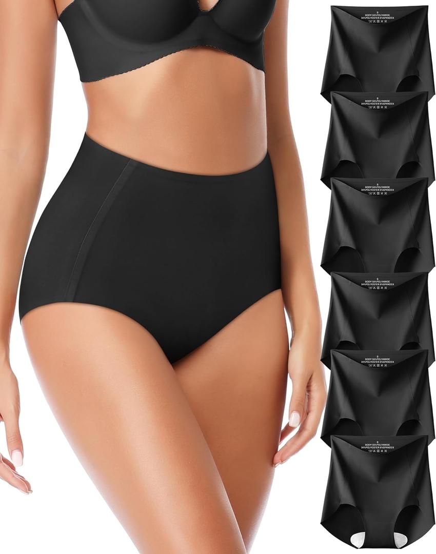 Seamless High Waisted Underwear Panties for Women No Show Ladies Panty Full Coverage Tagless Briefs 6 Pack (Black, M)