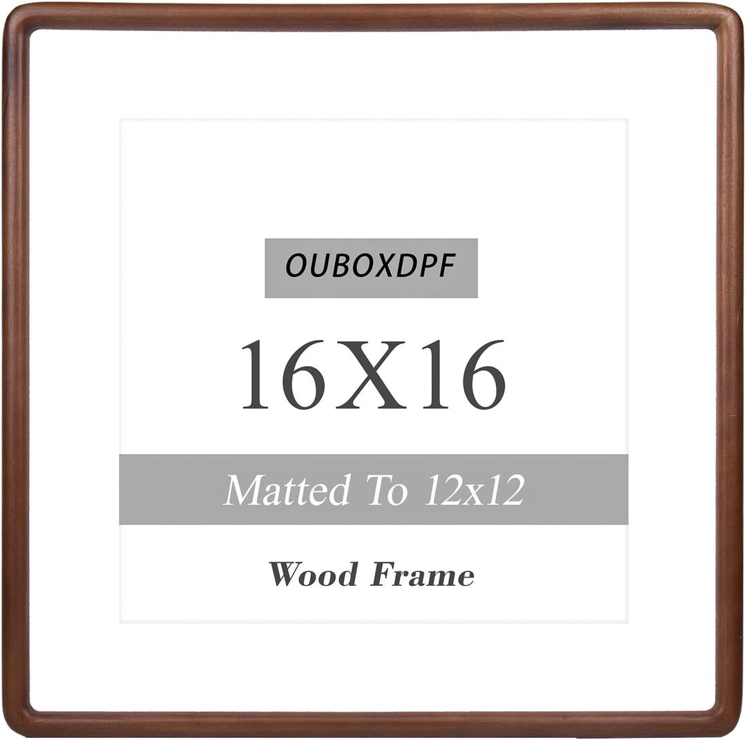 16x16 Picture Frame Wood 12x12 with Mat, Natural Solid Walnut Wooden Rounded Corner Photo Frames with Tempered Glass for Hanging Displaying Horizontally or Vertically