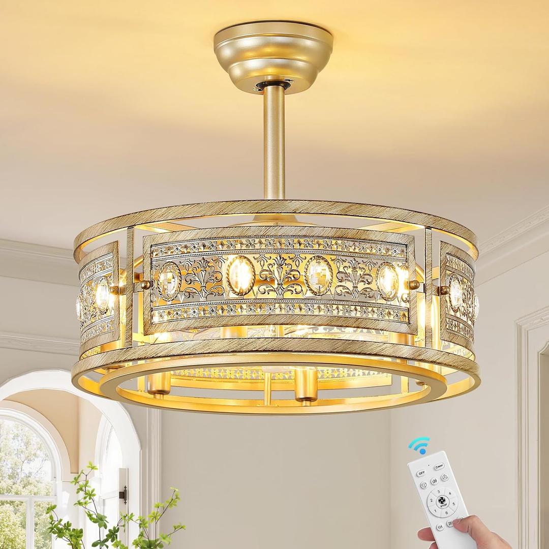 Caged Ceiling Fan with Light and Remote, 19" Vintage Crystal Fandelier, Gold Bladeless Ceiling Fan, Low Profile Ceiling Fan for Bedroom, Farmhouse Chandelier Fan for Living Room