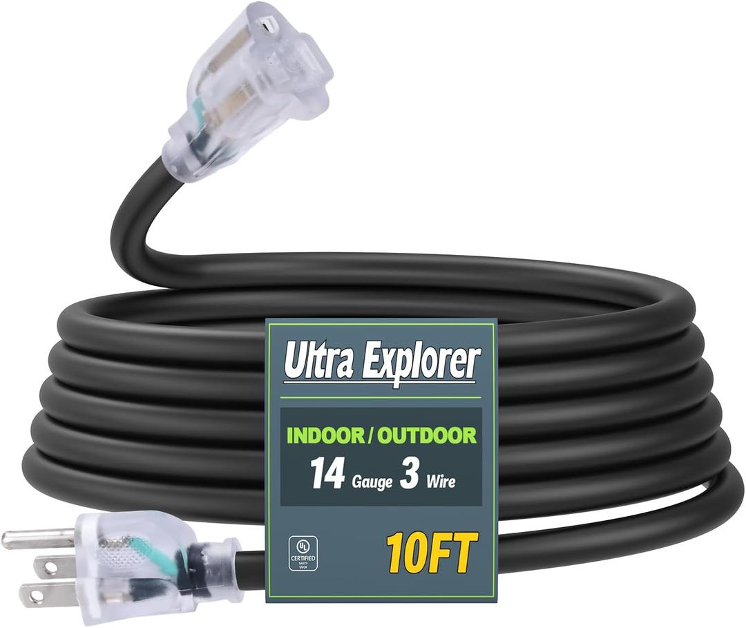 14/3 SJTW Heavy Duty Outdoor Extension Cord 10 ft - 3 Prong Black Power Cord Waterproof with Lighted Indicator for Garden and Major Appliances