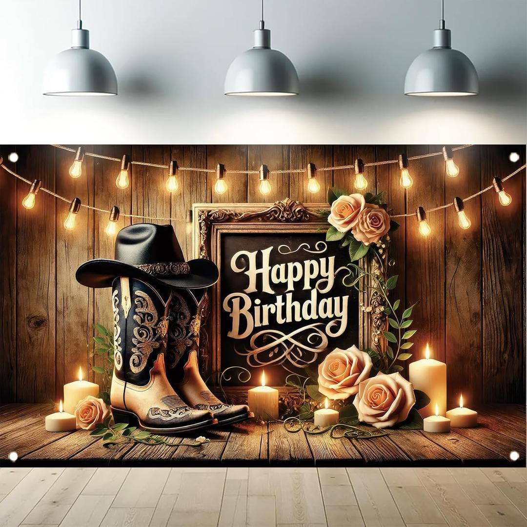 Western Cowboy Happy Birthday Backdrop Banner Rustic Wooden Boots Hat Roses Candles String Lights Photography Background Birthday Party Decorations Photo Booth Studio Props 71 x 43 Inch