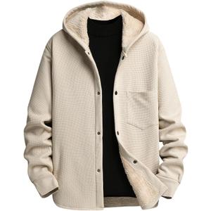 Verdusa Men's Button Up Fleece Sherpa Lined Hoodies Long Sleeve Warm Sweatshirts Jacket with Pockets (Beige, Small)