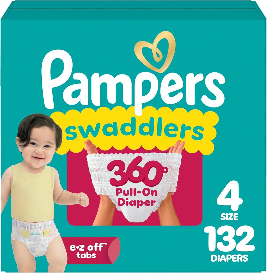 Pampers Diapers - Swaddlers 360 - Size 4, 132 Count, up to 100% Leakproof Comfy Dry Fit, Designed for Easy Changes, Pull On Baby Diaper